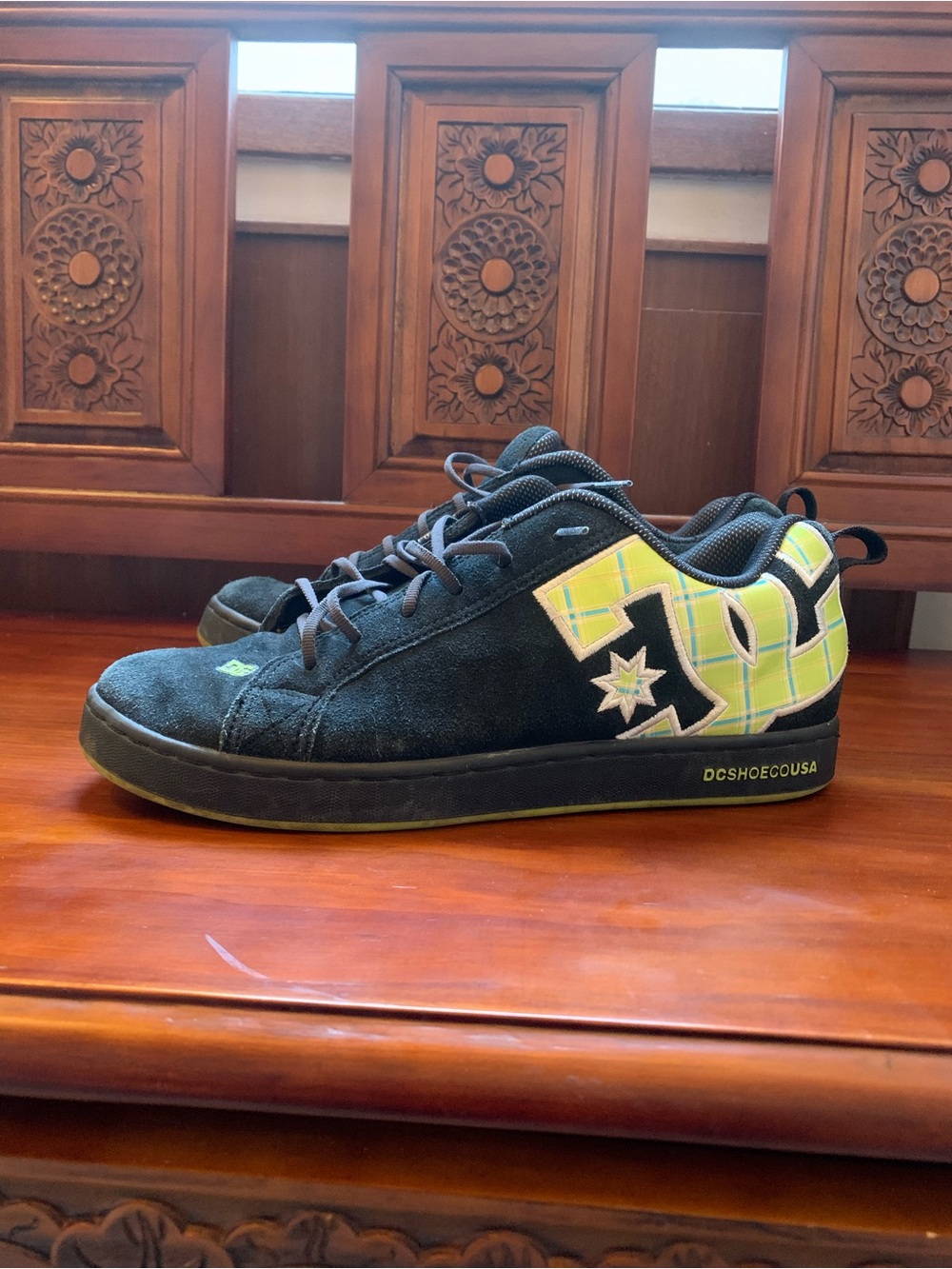 DC Black Sneakers with Lime Plaid Accent
